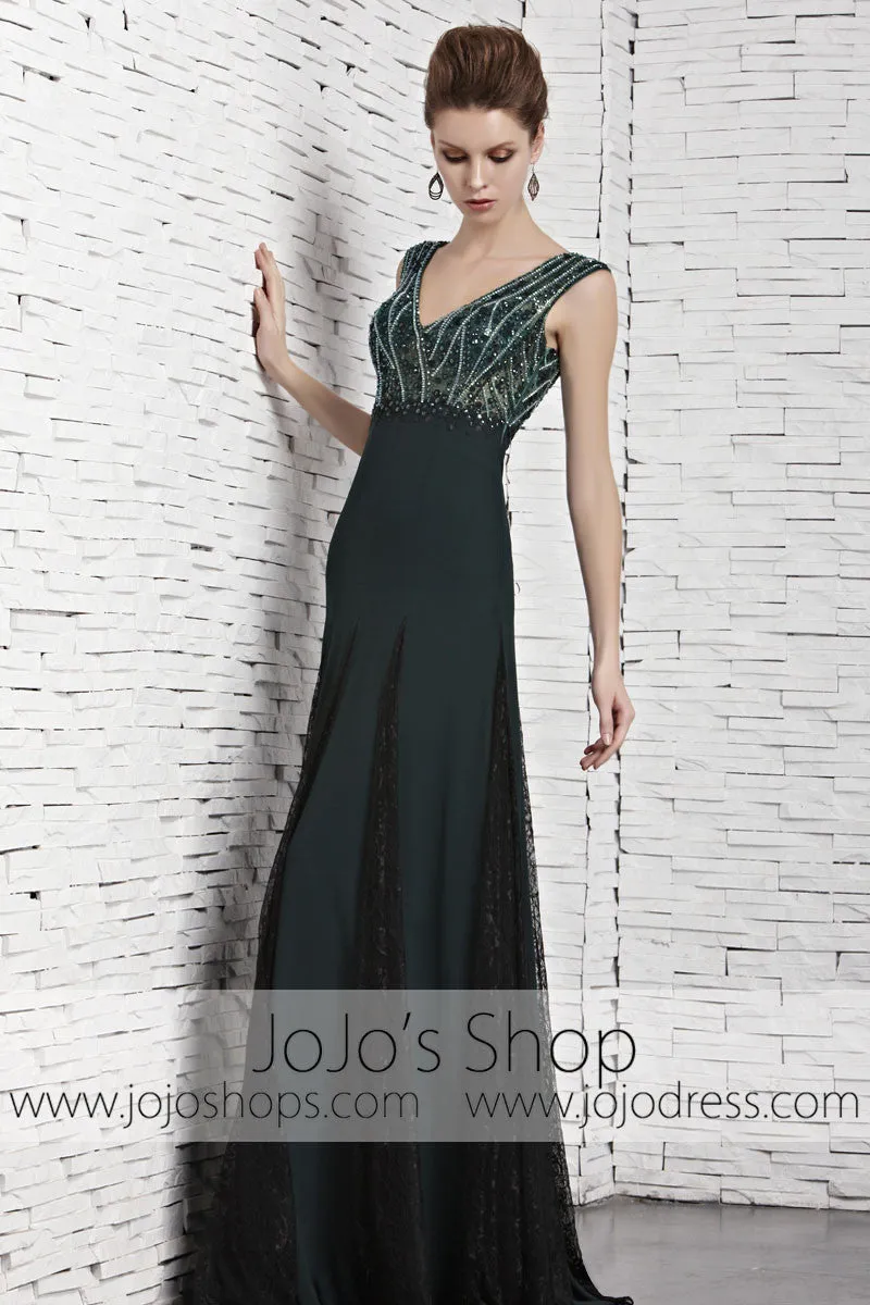 Dark Green Empire V Neck Low Back Formal Prom Pageant Dress CX881388