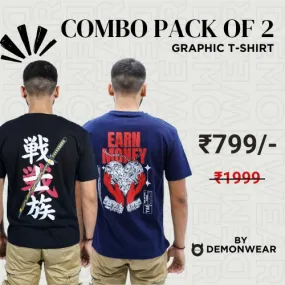 Demon Wear's Earn Money "Samurai"  Graphic T-Shirt Combo Pack of 2 for Him