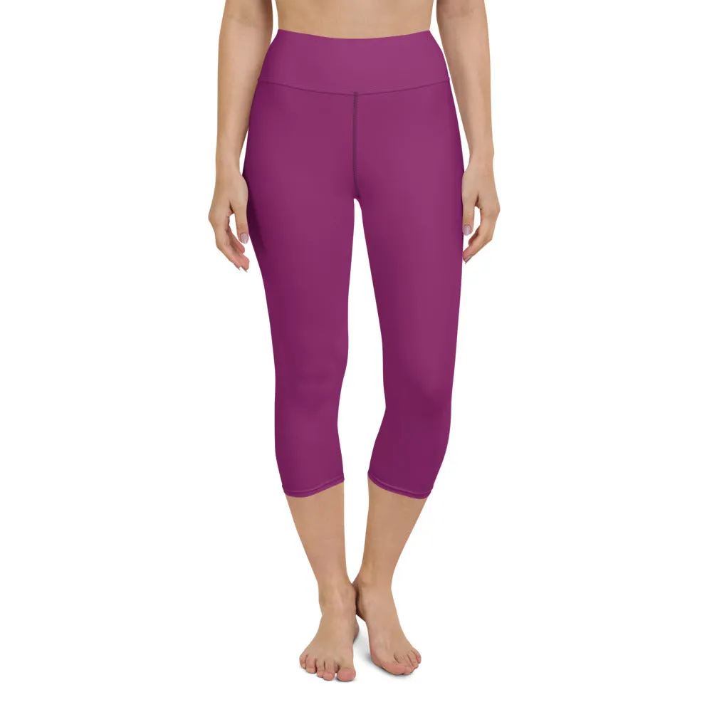 Eggplant Purple Yoga Capri Leggings, Solid Color Women's Workout Gym Tights-Made in USA/EU/MX