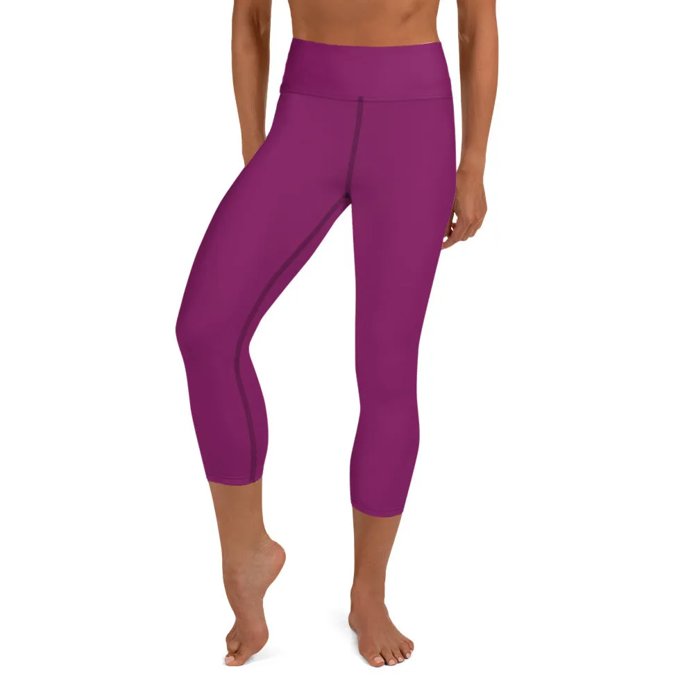 Eggplant Purple Yoga Capri Leggings, Solid Color Women's Workout Gym Tights-Made in USA/EU/MX