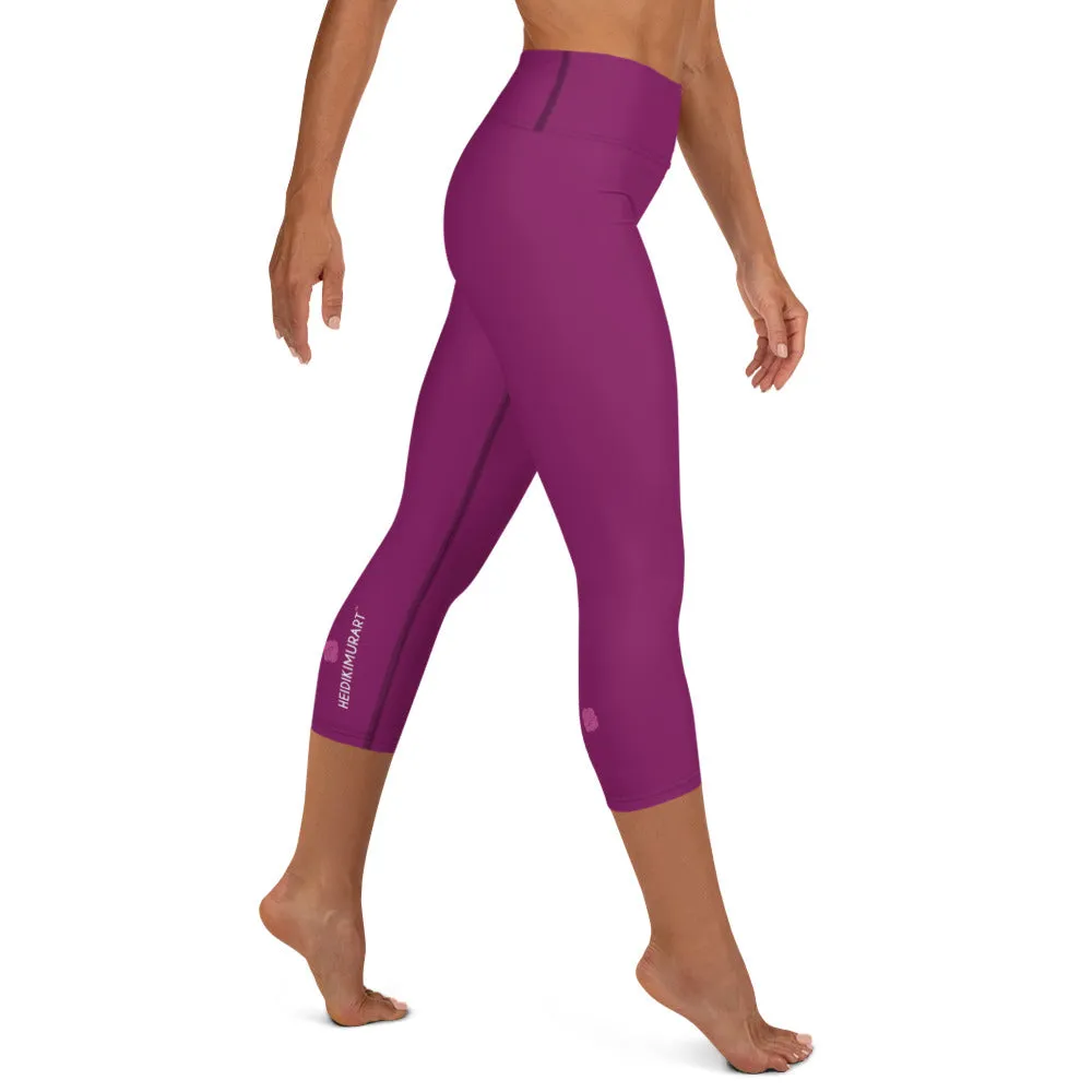 Eggplant Purple Yoga Capri Leggings, Solid Color Women's Workout Gym Tights-Made in USA/EU/MX