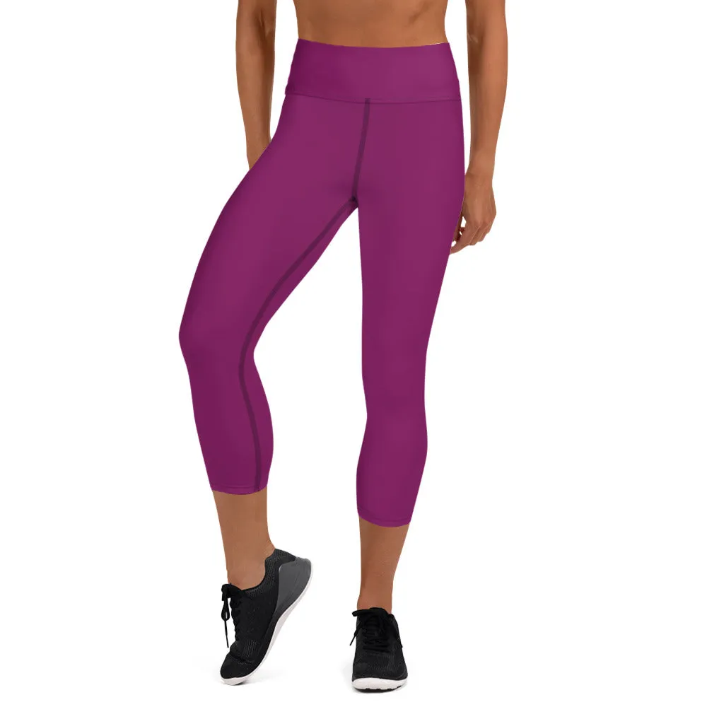 Eggplant Purple Yoga Capri Leggings, Solid Color Women's Workout Gym Tights-Made in USA/EU/MX