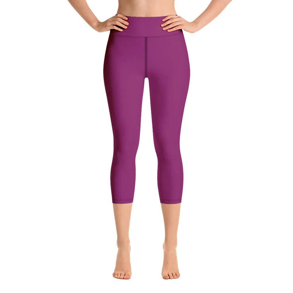 Eggplant Purple Yoga Capri Leggings, Solid Color Women's Workout Gym Tights-Made in USA/EU/MX