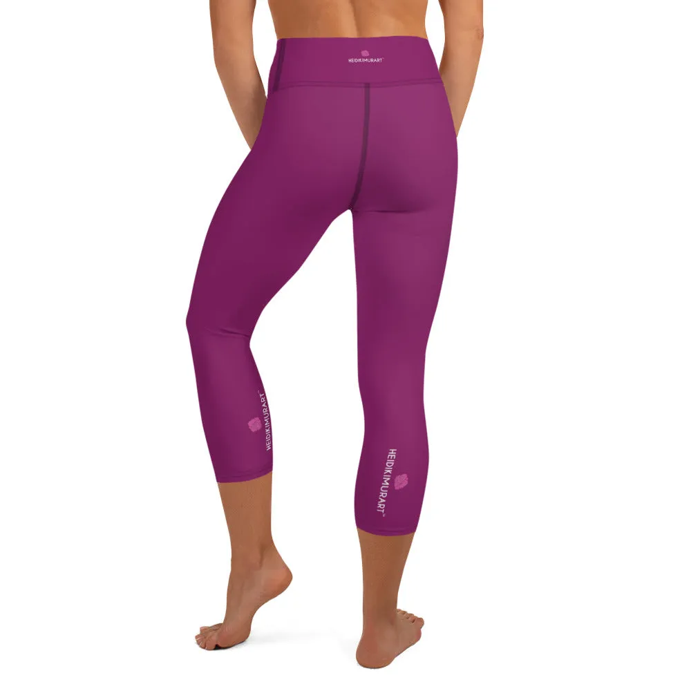 Eggplant Purple Yoga Capri Leggings, Solid Color Women's Workout Gym Tights-Made in USA/EU/MX