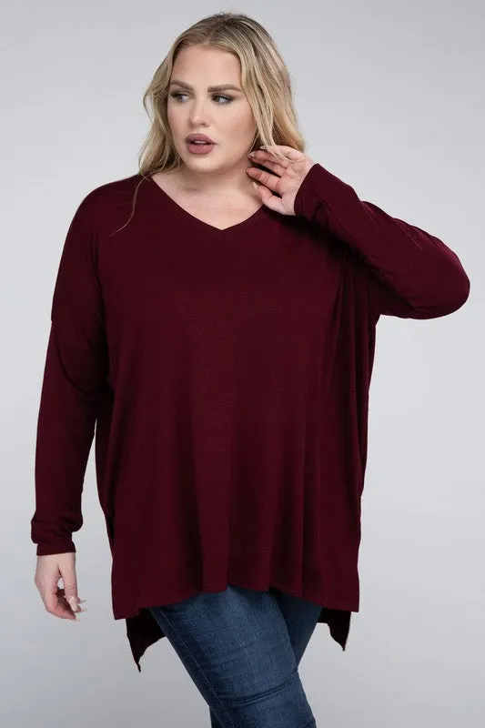 Free with $99 Purchase Plus Dolman Sleeve V-Neck Side Slit Hi-Low Hem Top