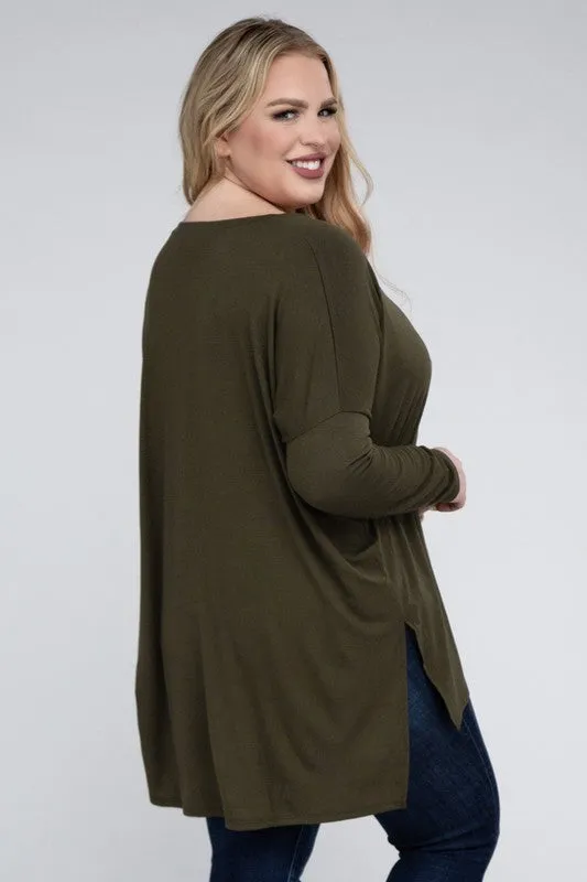 Free with $99 Purchase Plus Dolman Sleeve V-Neck Side Slit Hi-Low Hem Top