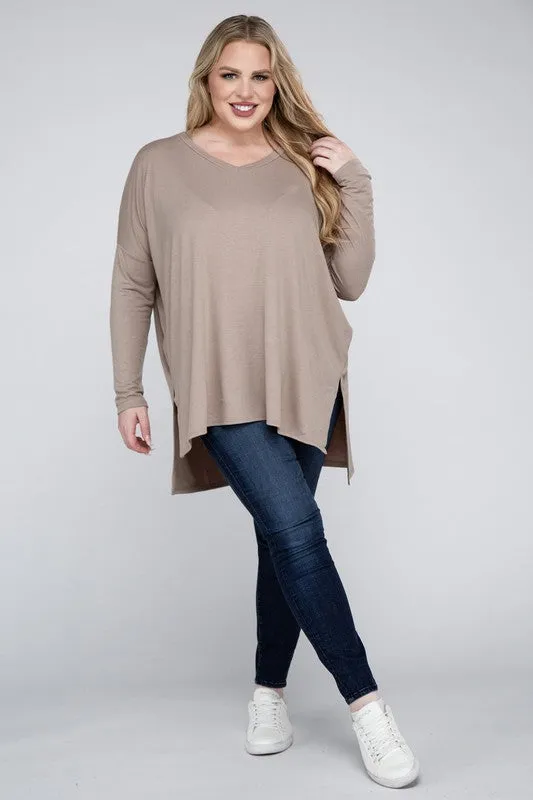 Free with $99 Purchase Plus Dolman Sleeve V-Neck Side Slit Hi-Low Hem Top