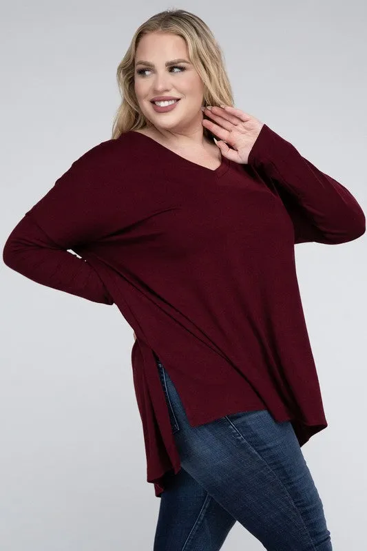 Free with $99 Purchase Plus Dolman Sleeve V-Neck Side Slit Hi-Low Hem Top