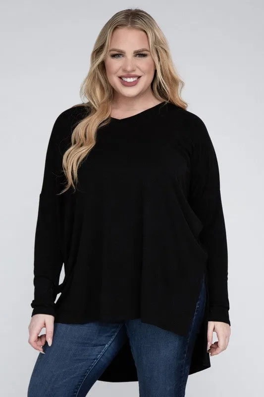 Free with $99 Purchase Plus Dolman Sleeve V-Neck Side Slit Hi-Low Hem Top