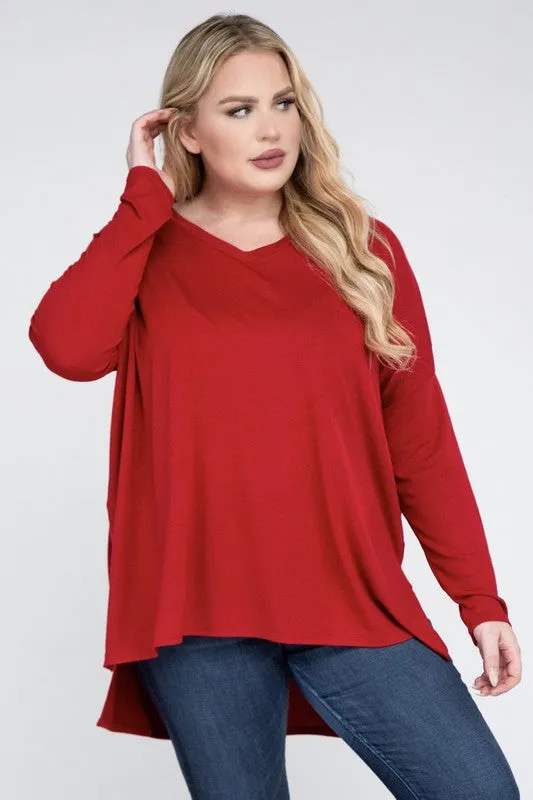 Free with $99 Purchase Plus Dolman Sleeve V-Neck Side Slit Hi-Low Hem Top