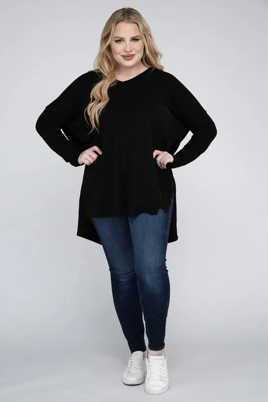 Free with $99 Purchase Plus Dolman Sleeve V-Neck Side Slit Hi-Low Hem Top