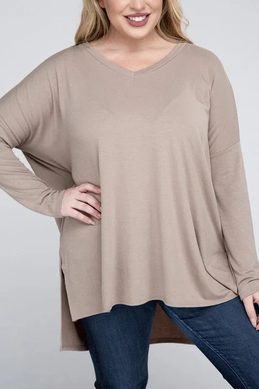 Free with $99 Purchase Plus Dolman Sleeve V-Neck Side Slit Hi-Low Hem Top