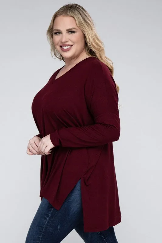 Free with $99 Purchase Plus Dolman Sleeve V-Neck Side Slit Hi-Low Hem Top