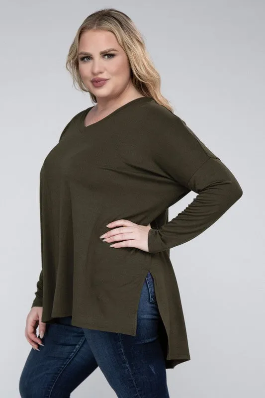 Free with $99 Purchase Plus Dolman Sleeve V-Neck Side Slit Hi-Low Hem Top