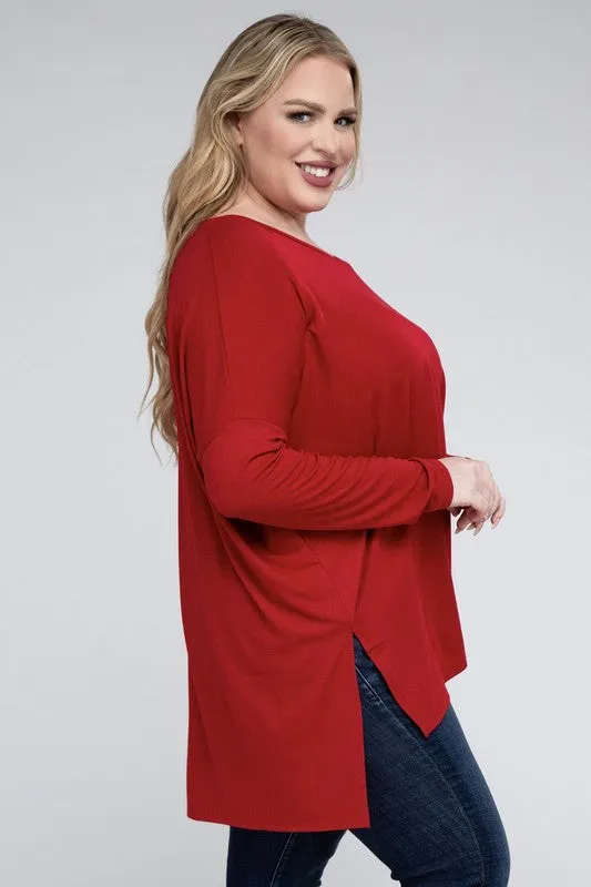 Free with $99 Purchase Plus Dolman Sleeve V-Neck Side Slit Hi-Low Hem Top