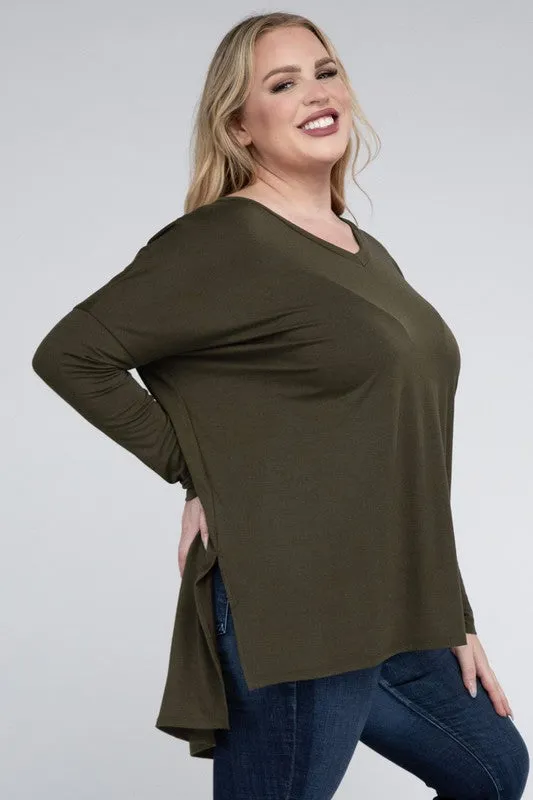 Free with $99 Purchase Plus Dolman Sleeve V-Neck Side Slit Hi-Low Hem Top