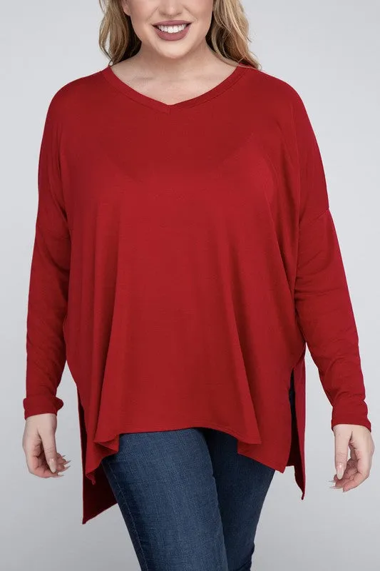 Free with $99 Purchase Plus Dolman Sleeve V-Neck Side Slit Hi-Low Hem Top