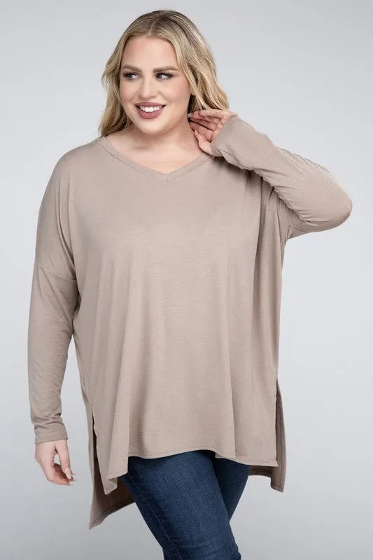 Free with $99 Purchase Plus Dolman Sleeve V-Neck Side Slit Hi-Low Hem Top