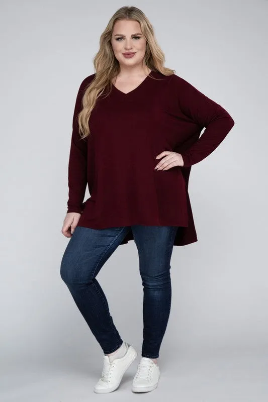 Free with $99 Purchase Plus Dolman Sleeve V-Neck Side Slit Hi-Low Hem Top