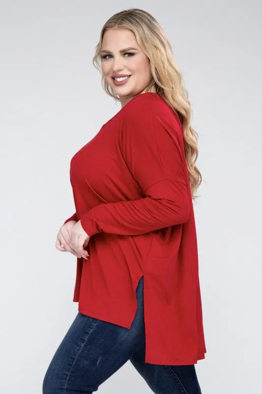 Free with $99 Purchase Plus Dolman Sleeve V-Neck Side Slit Hi-Low Hem Top