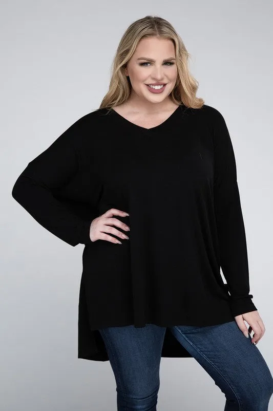 Free with $99 Purchase Plus Dolman Sleeve V-Neck Side Slit Hi-Low Hem Top