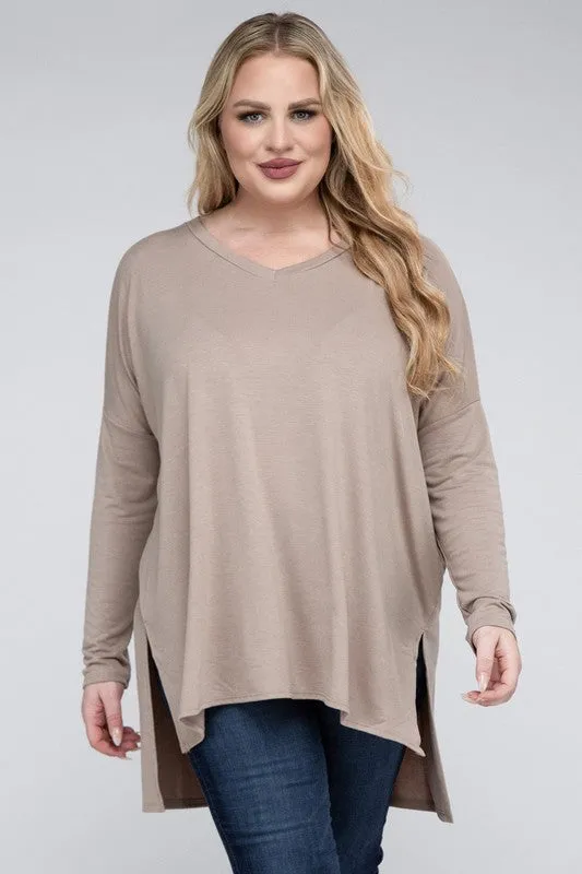 Free with $99 Purchase Plus Dolman Sleeve V-Neck Side Slit Hi-Low Hem Top