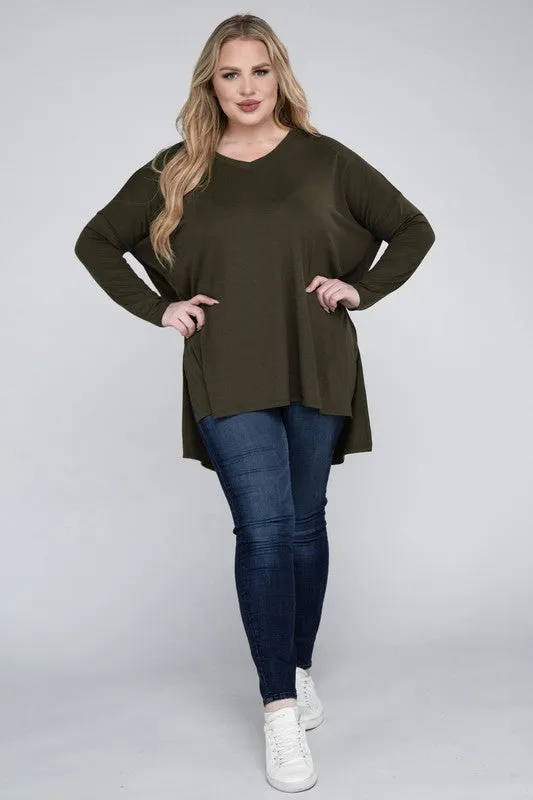 Free with $99 Purchase Plus Dolman Sleeve V-Neck Side Slit Hi-Low Hem Top