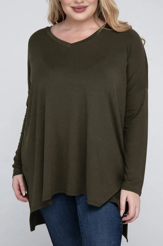 Free with $99 Purchase Plus Dolman Sleeve V-Neck Side Slit Hi-Low Hem Top