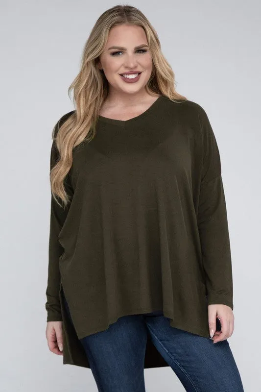 Free with $99 Purchase Plus Dolman Sleeve V-Neck Side Slit Hi-Low Hem Top