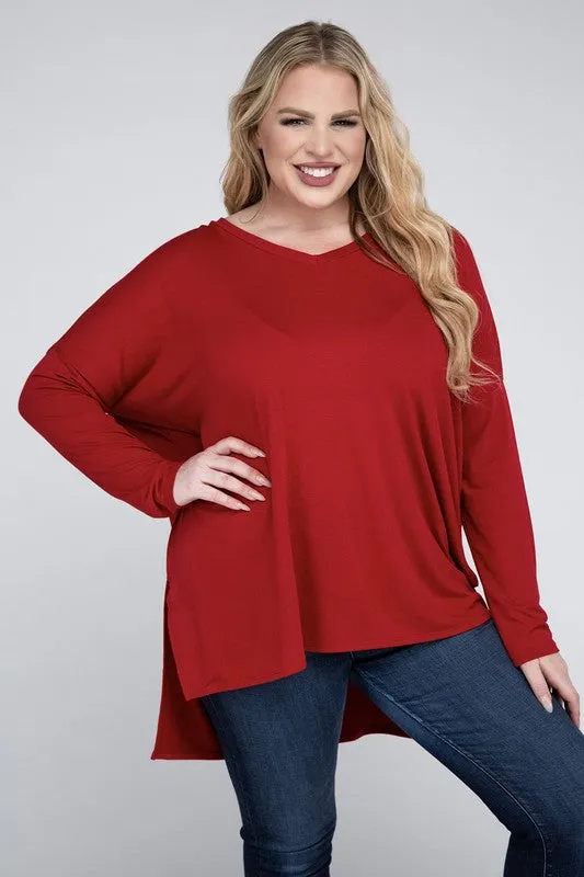 Free with $99 Purchase Plus Dolman Sleeve V-Neck Side Slit Hi-Low Hem Top