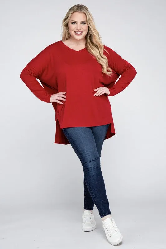 Free with $99 Purchase Plus Dolman Sleeve V-Neck Side Slit Hi-Low Hem Top