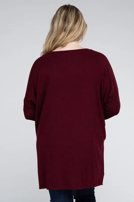 Free with $99 Purchase Plus Dolman Sleeve V-Neck Side Slit Hi-Low Hem Top