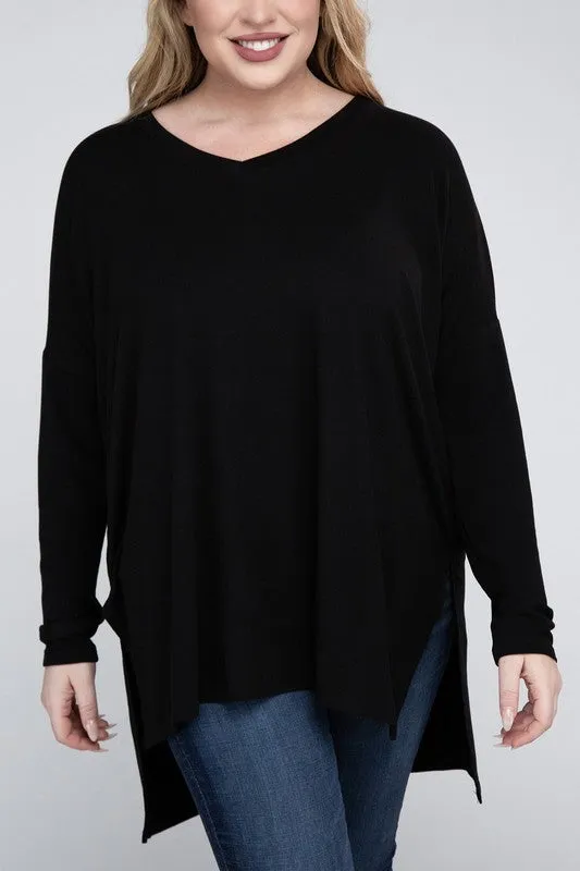 Free with $99 Purchase Plus Dolman Sleeve V-Neck Side Slit Hi-Low Hem Top