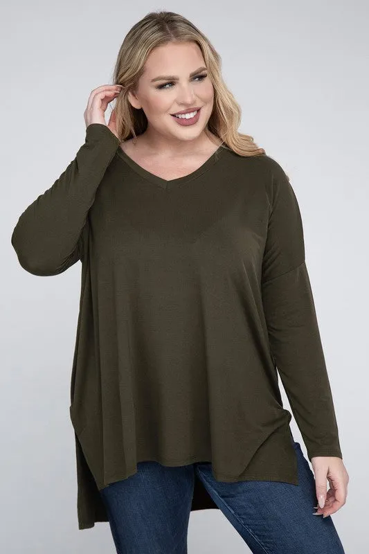 Free with $99 Purchase Plus Dolman Sleeve V-Neck Side Slit Hi-Low Hem Top