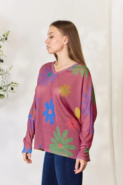 Full Size Floral V-Neck Long Sleeve Top