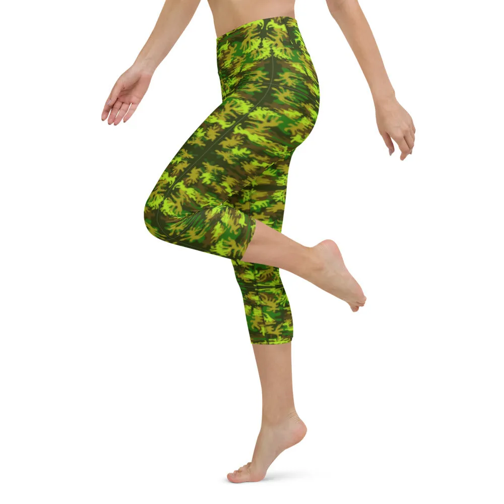 Green Camo Yoga Capri Leggings, Military Camouflage Print Women's Capris Tights-Made in USA/EU/MX