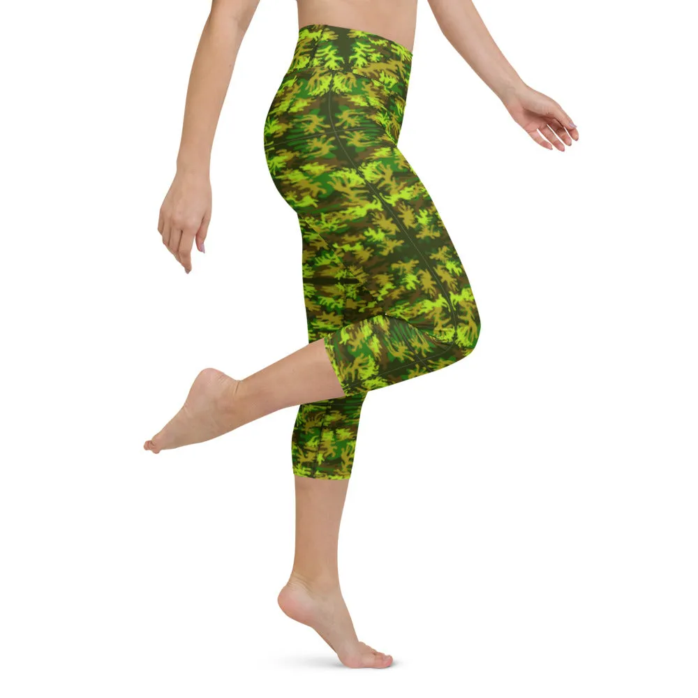 Green Camo Yoga Capri Leggings, Military Camouflage Print Women's Capris Tights-Made in USA/EU/MX