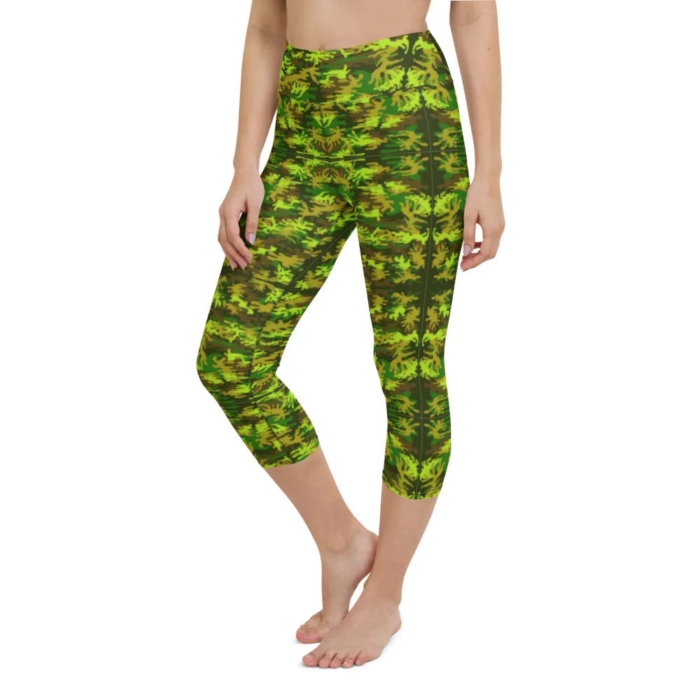 Green Camo Yoga Capri Leggings, Military Camouflage Print Women's Capris Tights-Made in USA/EU/MX