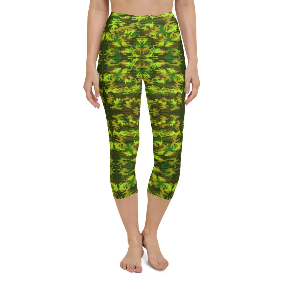 Green Camo Yoga Capri Leggings, Military Camouflage Print Women's Capris Tights-Made in USA/EU/MX