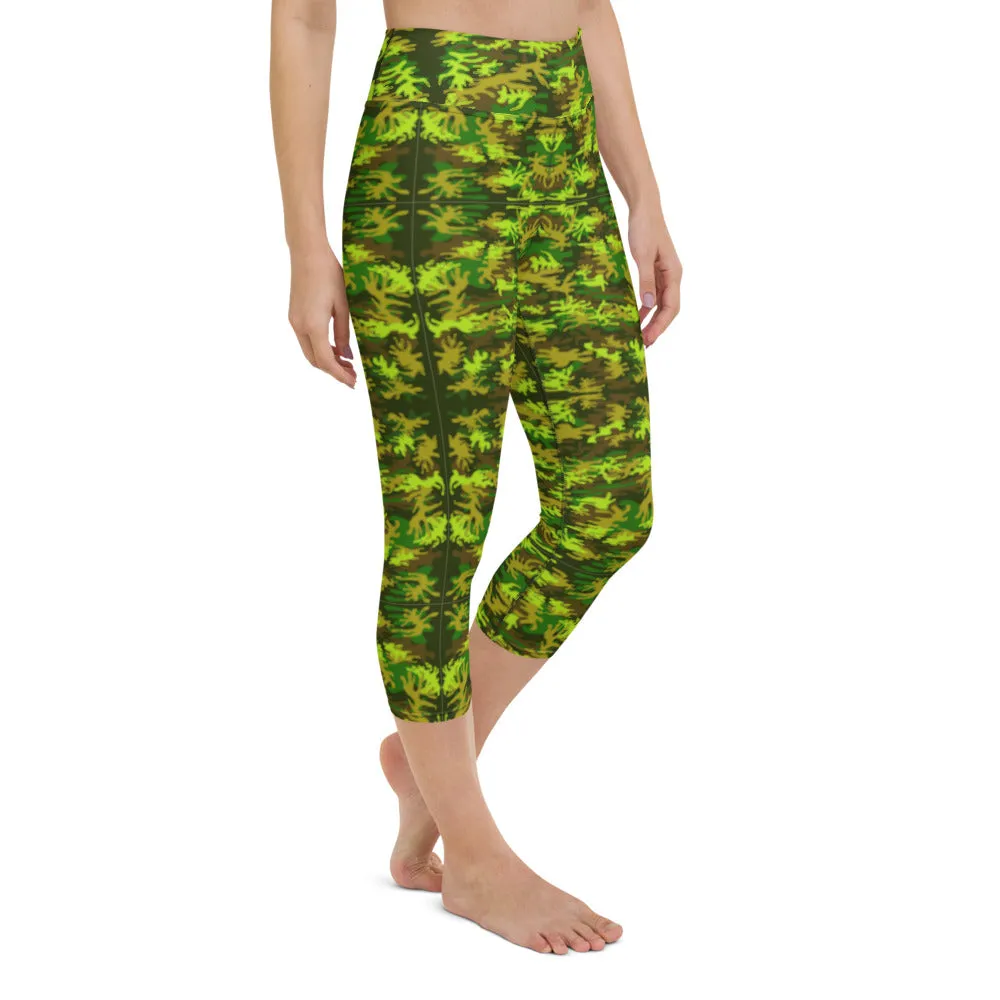 Green Camo Yoga Capri Leggings, Military Camouflage Print Women's Capris Tights-Made in USA/EU/MX