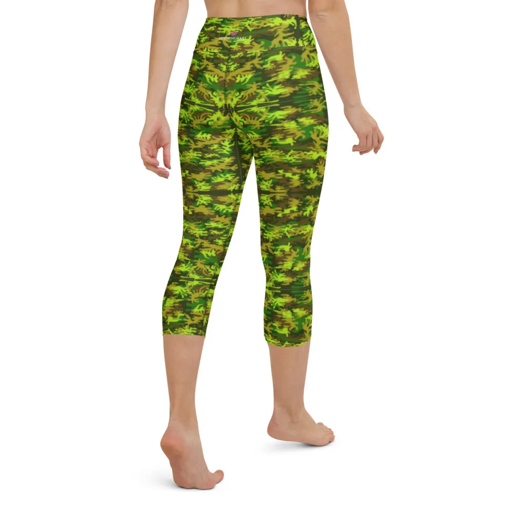 Green Camo Yoga Capri Leggings, Military Camouflage Print Women's Capris Tights-Made in USA/EU/MX