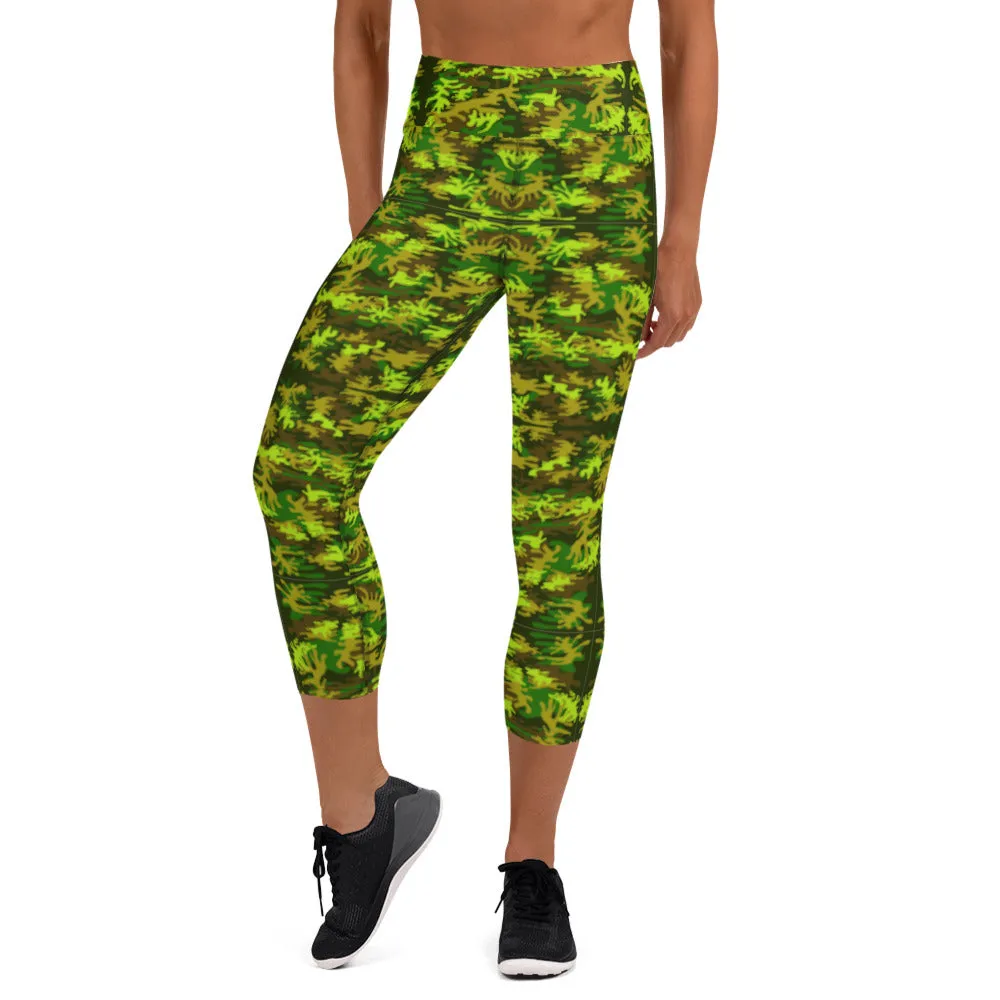 Green Camo Yoga Capri Leggings, Military Camouflage Print Women's Capris Tights-Made in USA/EU/MX