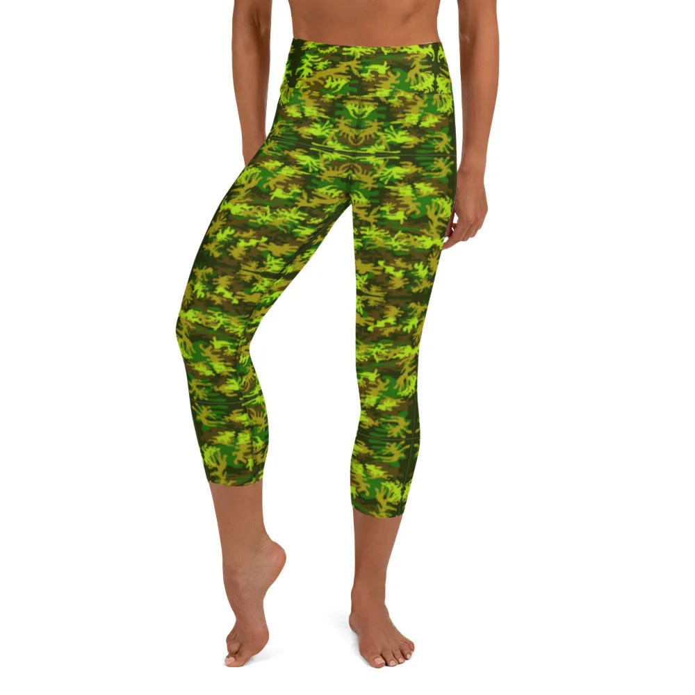 Green Camo Yoga Capri Leggings, Military Camouflage Print Women's Capris Tights-Made in USA/EU/MX