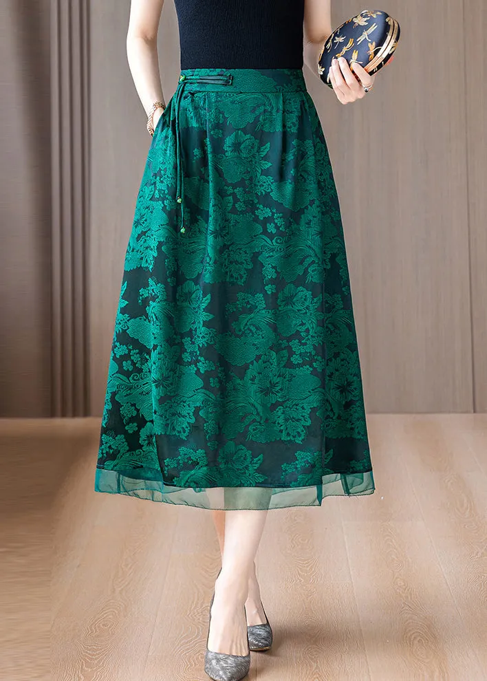 Green Print Silk A Line Skirts Tasseled Summer OO039