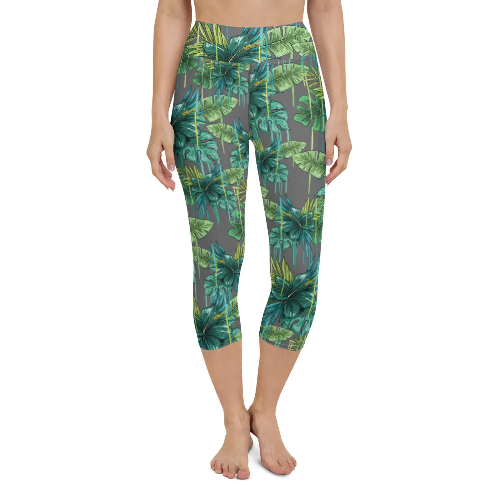 Grey Tropical Yoga Capri Leggings, Tropical Print Women's Capris Tights-Made in USA/EU/MX