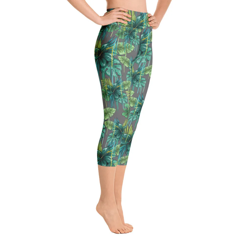 Grey Tropical Yoga Capri Leggings, Tropical Print Women's Capris Tights-Made in USA/EU/MX