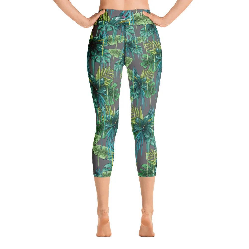 Grey Tropical Yoga Capri Leggings, Tropical Print Women's Capris Tights-Made in USA/EU/MX