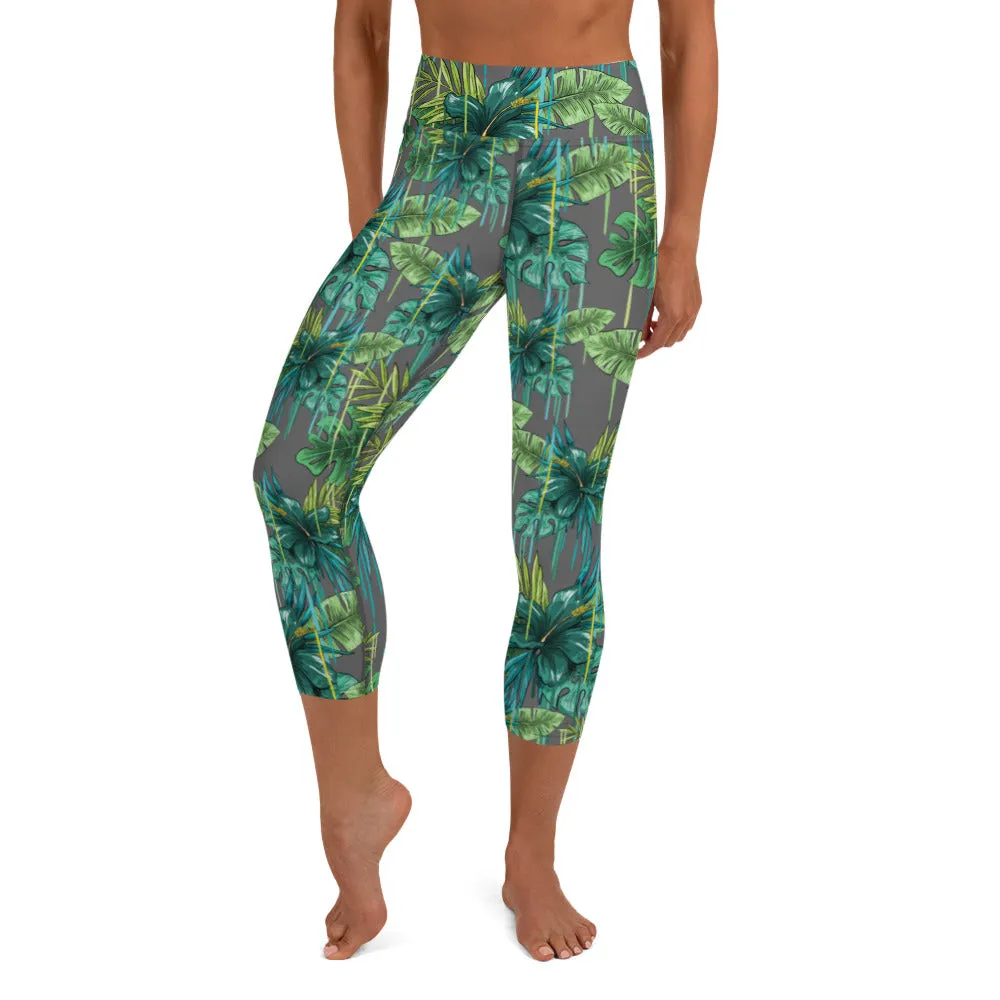 Grey Tropical Yoga Capri Leggings, Tropical Print Women's Capris Tights-Made in USA/EU/MX