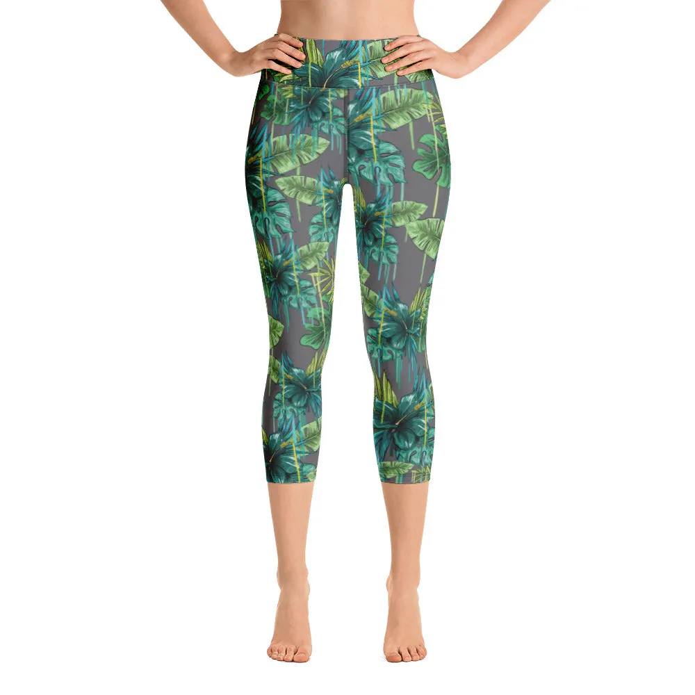 Grey Tropical Yoga Capri Leggings, Tropical Print Women's Capris Tights-Made in USA/EU/MX