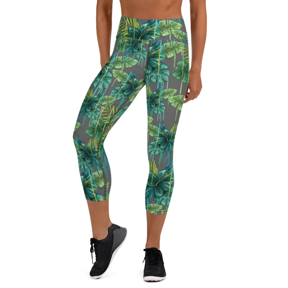 Grey Tropical Yoga Capri Leggings, Tropical Print Women's Capris Tights-Made in USA/EU/MX